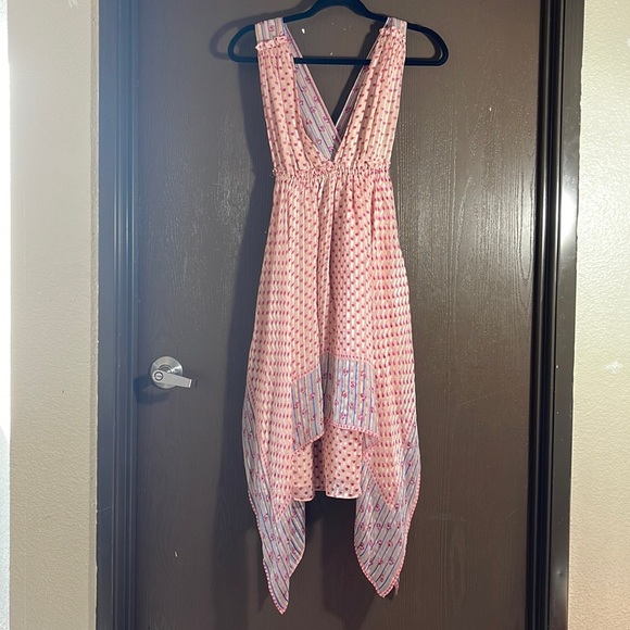 Ulla Johnson Silk Dress Size 2 Pink and Blue Printed Low V Neck Knee Elegant - Picture 2 of 9